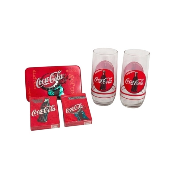 Coca-Cola Vintage Anchor Hocking Drinking Glasses Set 2 & Coke Playing Cards Tin